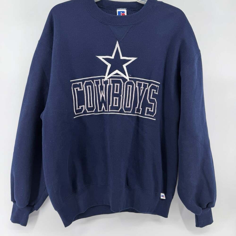 VTG 90’s Dallas Cowboys Russell Athletics Crew Neck Sweater Navy Lg Embroidered